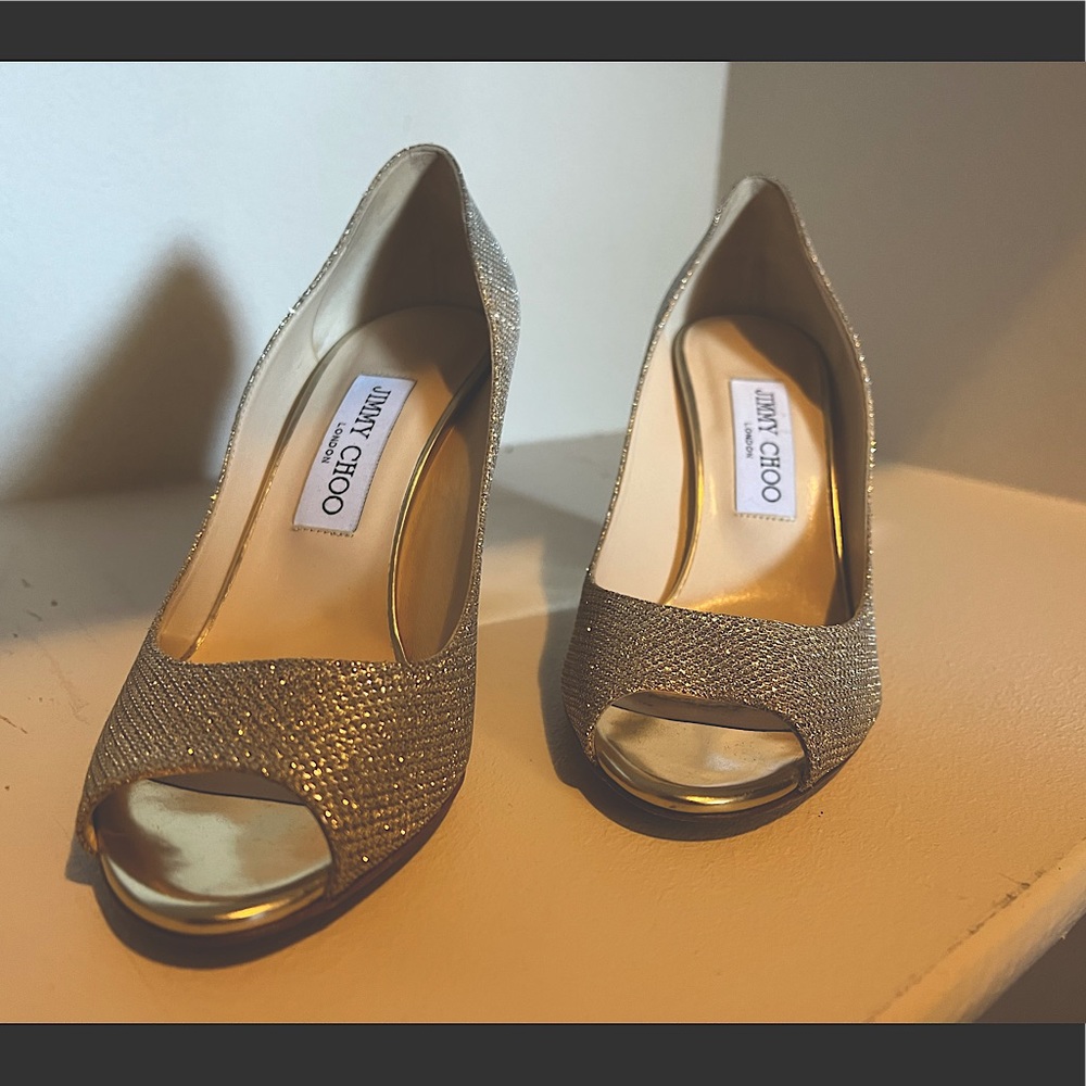 JIMMY CHOO PEEP TOE GOLD WEDGE HEEL PUMPS